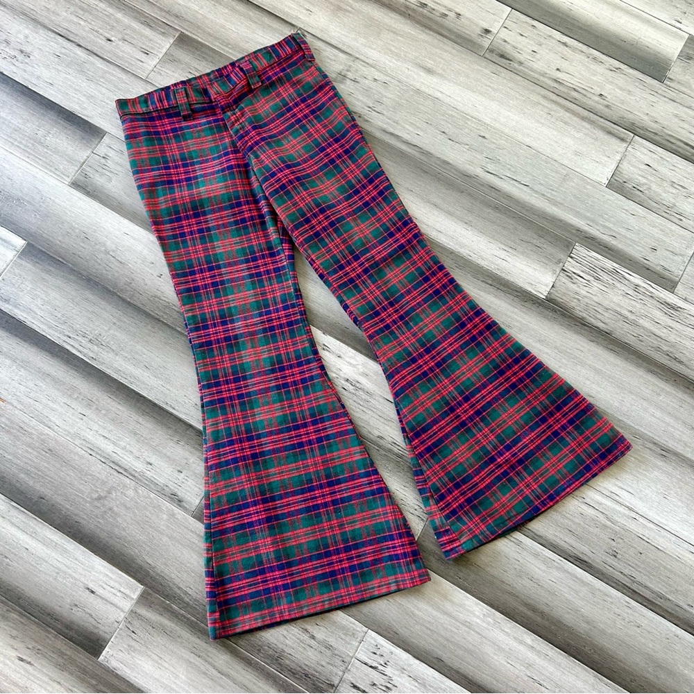 Vintage 1970s Christmas Plaid Flannel Low Rise Bell Bottoms Flare Leg Pants